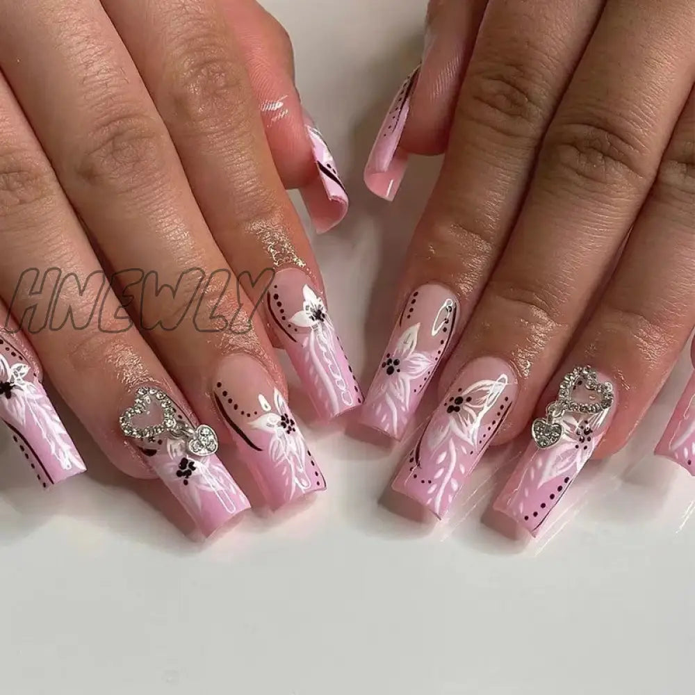 Hnewly 24Pcs Colorful Coffin Nails Set Press On Long Ballet False With French Design Wearable White