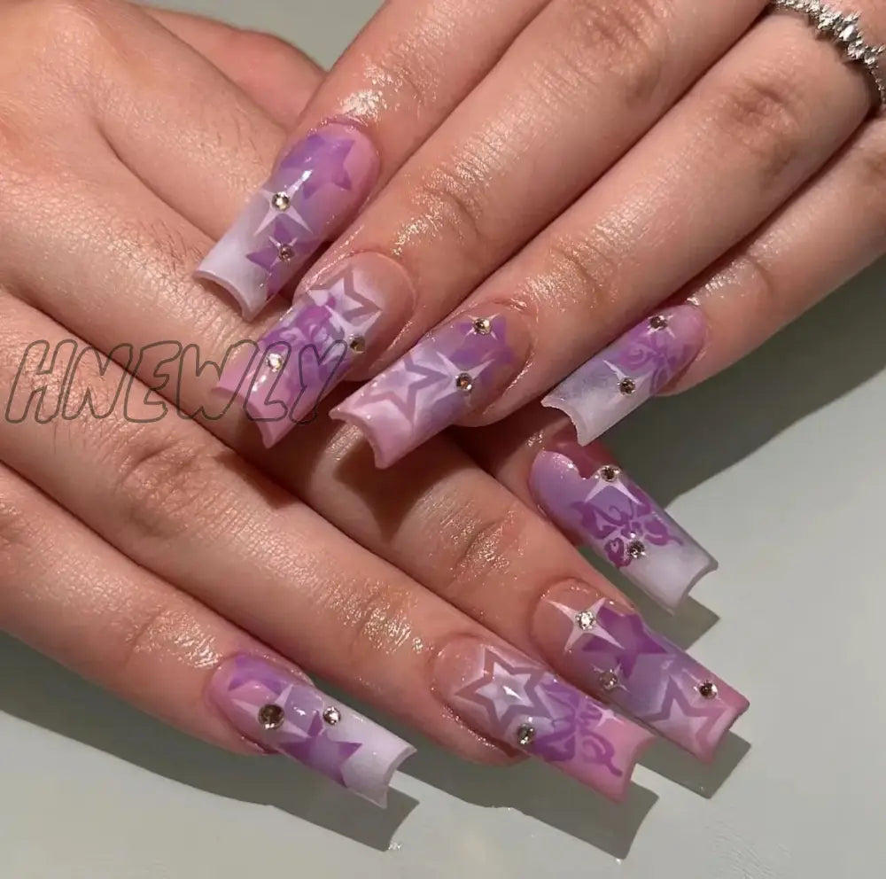 Hnewly 24Pcs Colorful Coffin Nails Set Press On Long Ballet False With French Design Wearable White