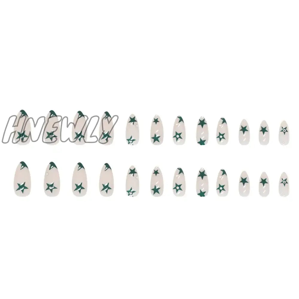 Hnewly 24Pcs Cool Y2K False Nails Green Star Printed Design Almond Fake Nail Patch For Girl