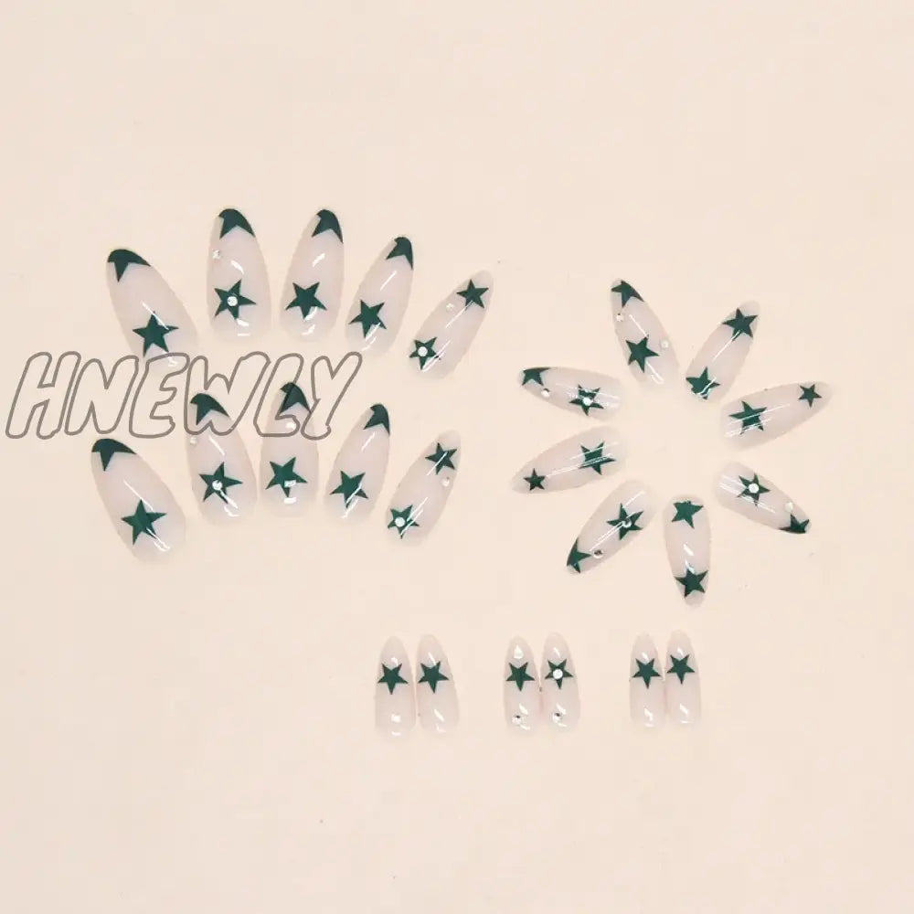 Hnewly 24Pcs Cool Y2K False Nails Green Star Printed Design Almond Fake Nail Patch For Girl