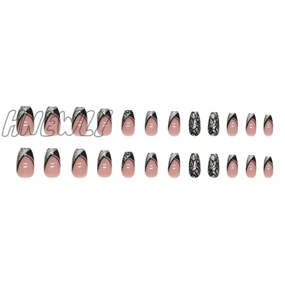 Hnewly 24Pcs French Fake Nails Black Cool Style False Nail Full Cover Tips Women Girl Artificial