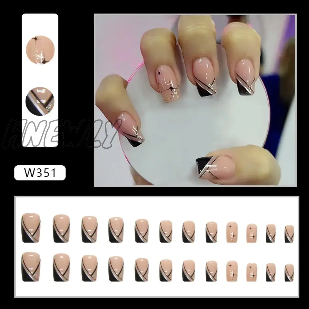 Hnewly 24Pcs French Fake Nails Black Cool Style False Nail Full Cover Tips Women Girl Artificial