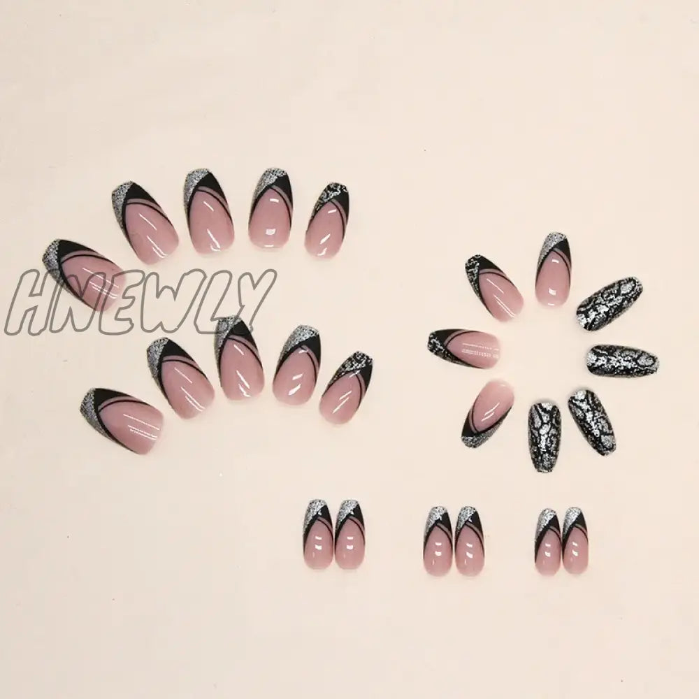 Hnewly 24Pcs French Fake Nails Black Cool Style False Nail Full Cover Tips Women Girl Artificial