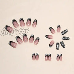 Hnewly 24Pcs French Fake Nails Black Cool Style False Nail Full Cover Tips Women Girl Artificial