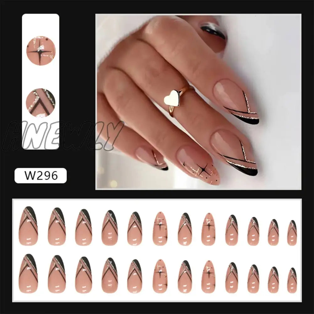 Hnewly 24Pcs French Fake Nails Black Cool Style False Nail Full Cover Tips Women Girl Artificial