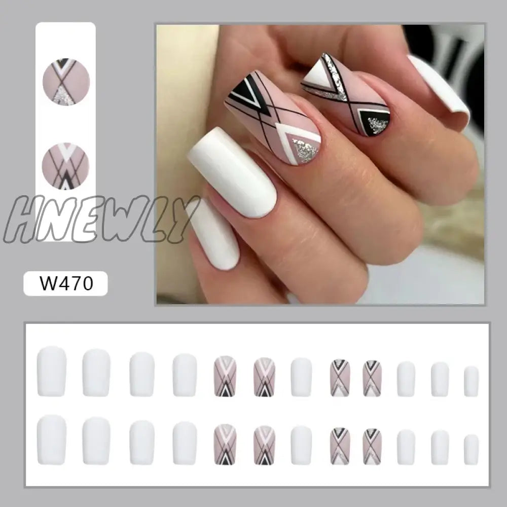 Hnewly 24Pcs French Fake Nails Black Cool Style False Nail Full Cover Tips Women Girl Artificial