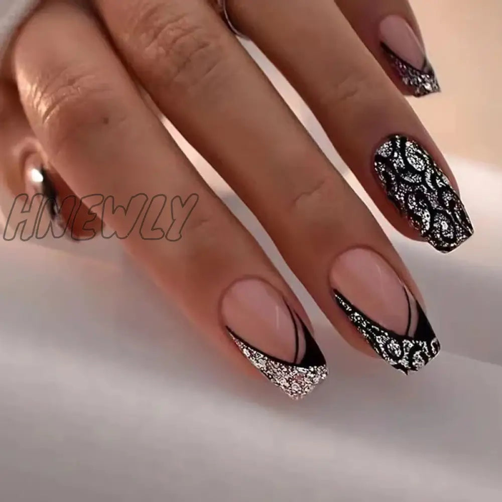 Hnewly 24Pcs French Fake Nails Black Cool Style False Nail Full Cover Tips Women Girl Artificial