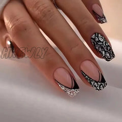 Hnewly 24Pcs French Fake Nails Black Cool Style False Nail Full Cover Tips Women Girl Artificial