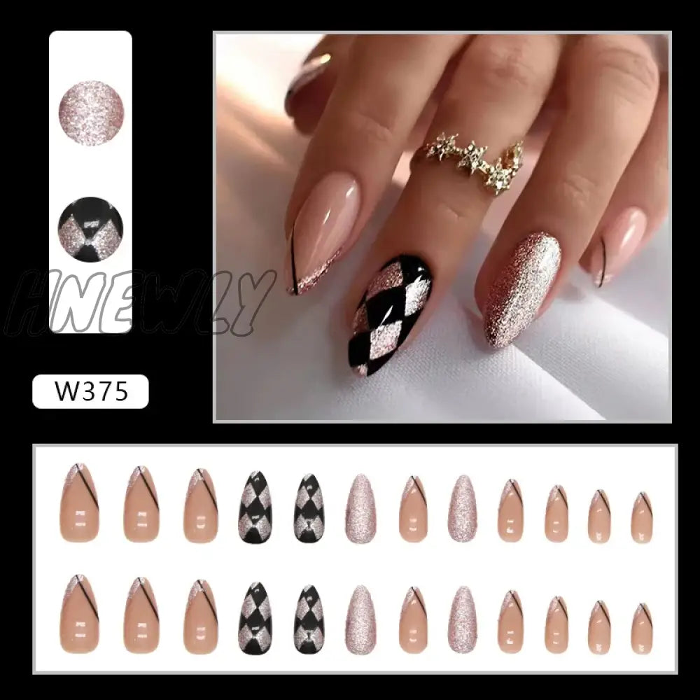 Hnewly 24Pcs French Fake Nails Black Cool Style False Nail Full Cover Tips Women Girl Artificial