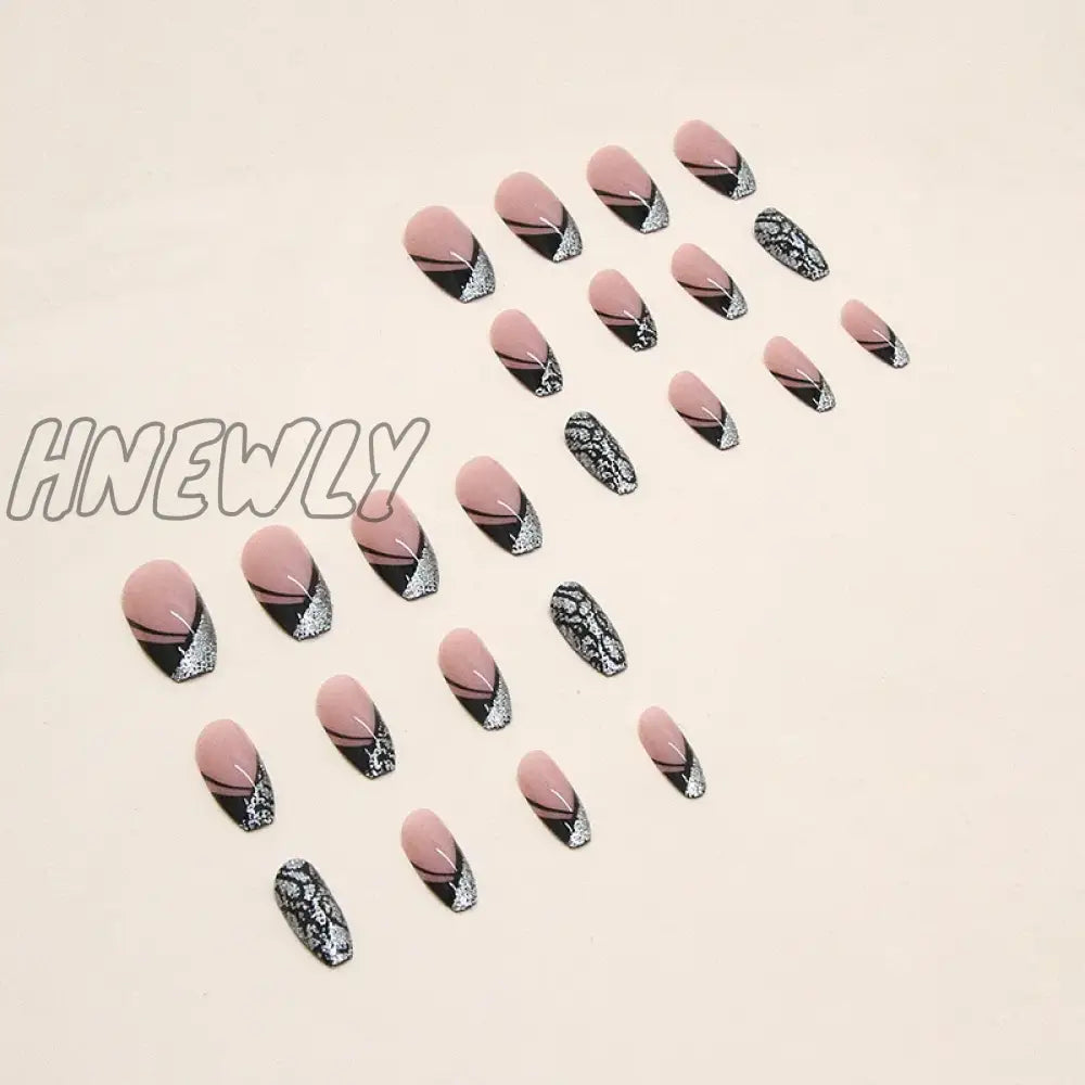 Hnewly 24Pcs French Fake Nails Black Cool Style False Nail Full Cover Tips Women Girl Artificial