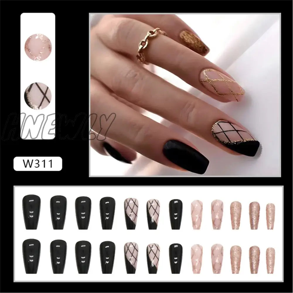Hnewly 24Pcs French Fake Nails Black Cool Style False Nail Full Cover Tips Women Girl Artificial