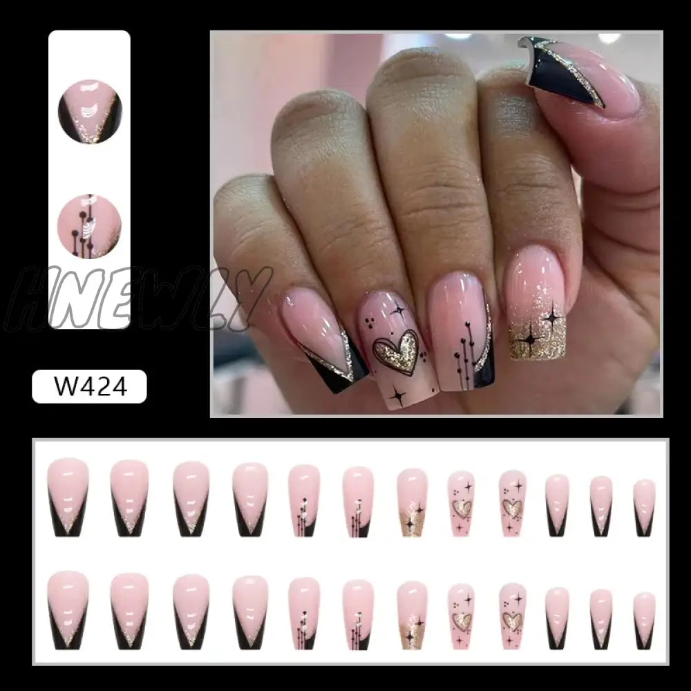 Hnewly 24Pcs French Fake Nails Black Cool Style False Nail Full Cover Tips Women Girl Artificial
