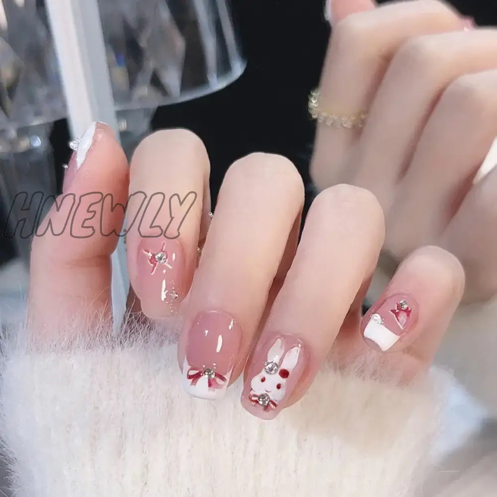 Hnewly 24Pcs French Pearl Decor Press On Nail Long Coffin Ballet Cute Rabbit False Nail Tips