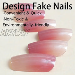 Hnewly 24Pcs Glitter Gradient Pink False Nails Sweet Square Head Fake Nail Tips Full Cover Wearable