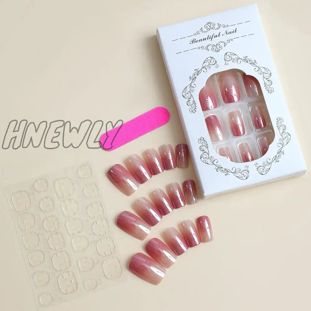 Hnewly 24Pcs Glitter Gradient Pink False Nails Sweet Square Head Fake Nail Tips Full Cover Wearable
