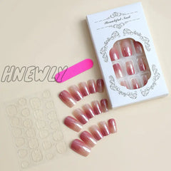 Hnewly 24Pcs Glitter Gradient Pink False Nails Sweet Square Head Fake Nail Tips Full Cover Wearable