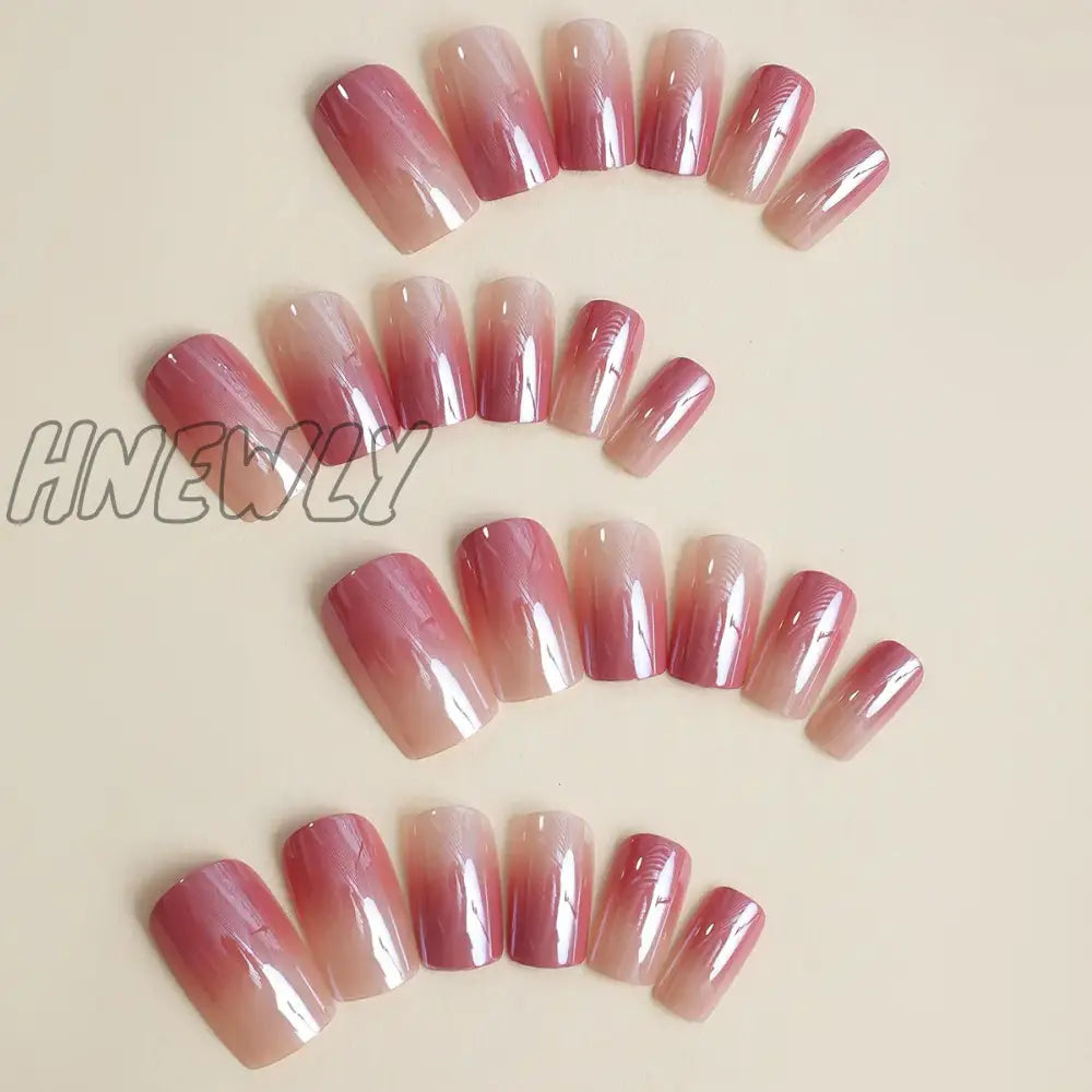 Hnewly 24Pcs Glitter Gradient Pink False Nails Sweet Square Head Fake Nail Tips Full Cover Wearable