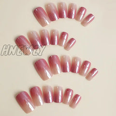 Hnewly 24Pcs Glitter Gradient Pink False Nails Sweet Square Head Fake Nail Tips Full Cover Wearable