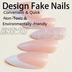 Hnewly 24Pcs Glitter Sequins False Nail French White Almond Fake Nails Full Cover Wearable Gradient