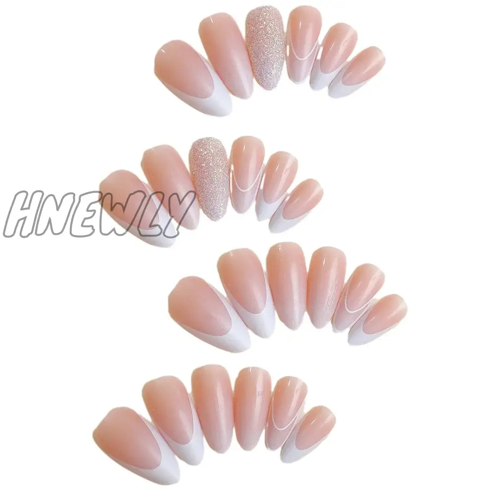 Hnewly 24Pcs Glitter Sequins False Nail French White Almond Fake Nails Full Cover Wearable Gradient