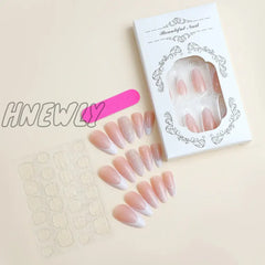 Hnewly 24Pcs Glitter Sequins False Nail French White Almond Fake Nails Full Cover Wearable Gradient