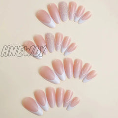 Hnewly 24Pcs Glitter Sequins False Nail French White Almond Fake Nails Full Cover Wearable Gradient