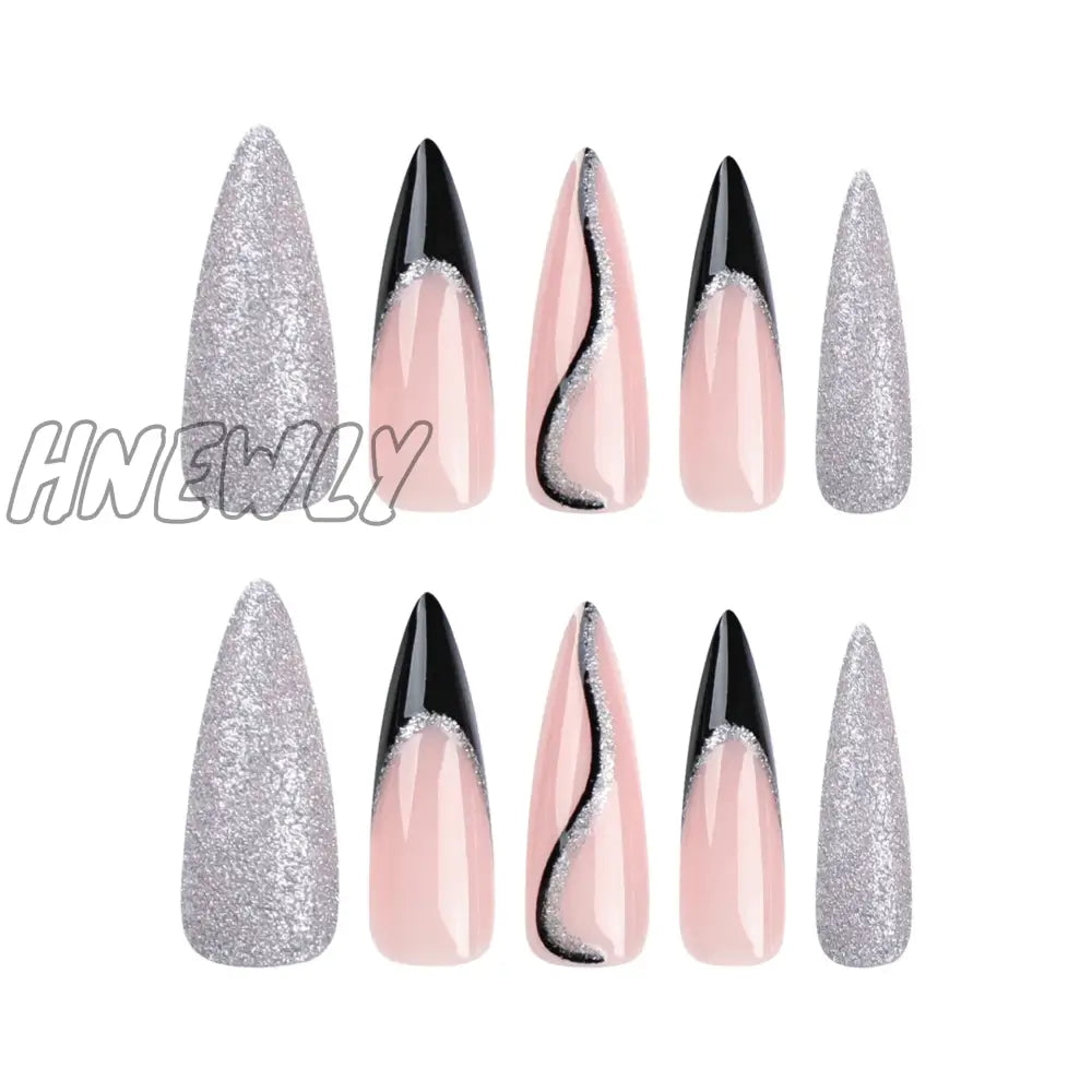 Hnewly 24Pcs Glitter Sliver Fake Nails Y2K Long Pointed Wearable False French Style Press On Nail