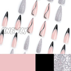Hnewly 24Pcs Glitter Sliver Fake Nails Y2K Long Pointed Wearable False French Style Press On Nail