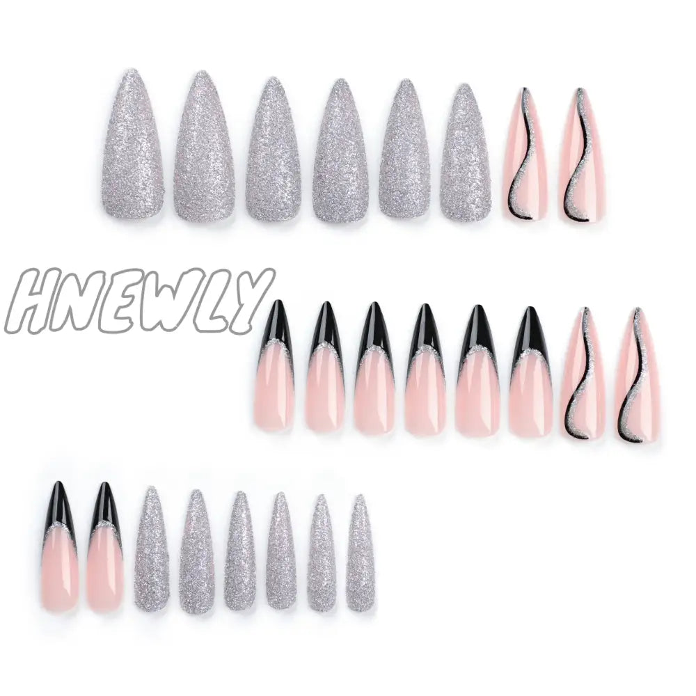 Hnewly 24Pcs Glitter Sliver Fake Nails Y2K Long Pointed Wearable False French Style Press On Nail