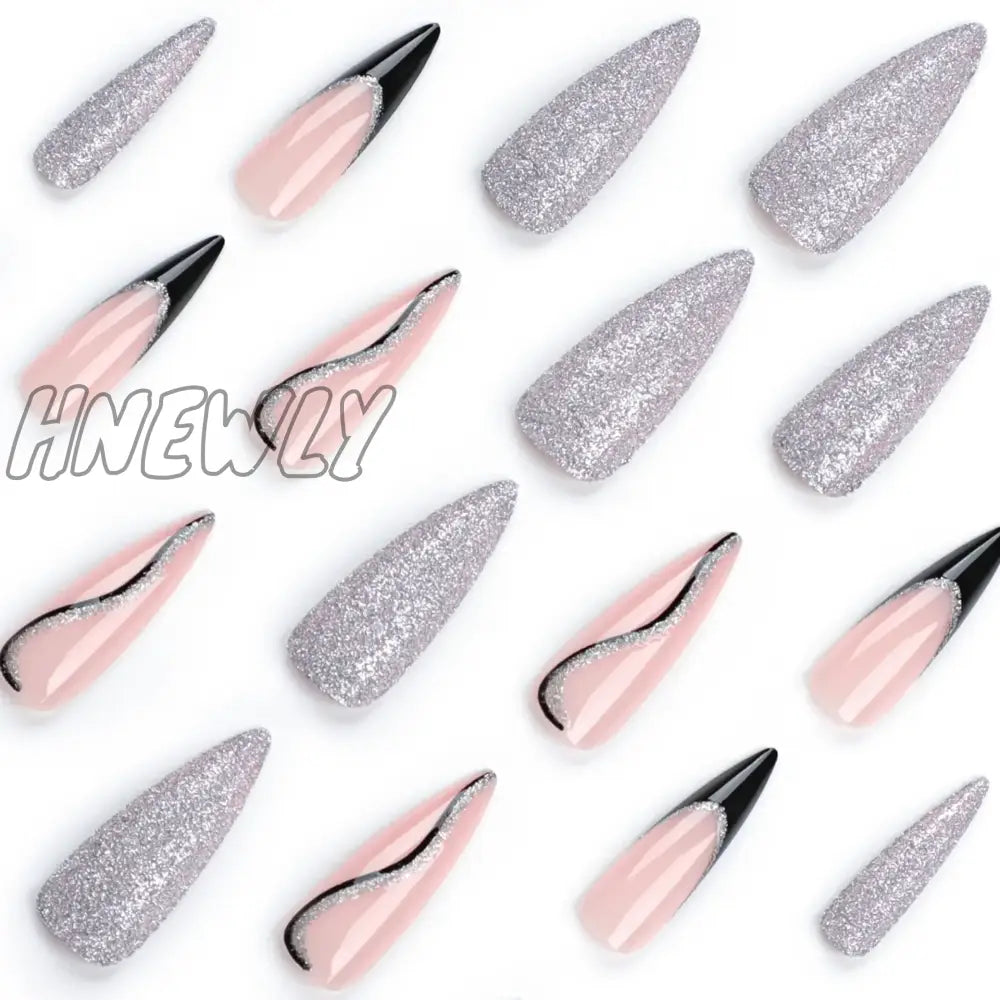 Hnewly 24Pcs Glitter Sliver Fake Nails Y2K Long Pointed Wearable False French Style Press On Nail