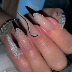 Hnewly 24Pcs Glitter Sliver Fake Nails Y2K Long Pointed Wearable False French Style Press On Nail