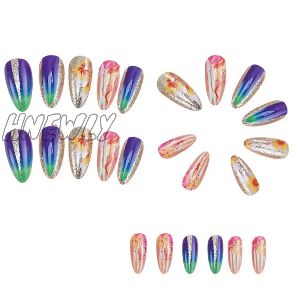 Hnewly 24Pcs Long Almond False Nails Blue French Leaf Gradient Fake Press On Diy Manicure