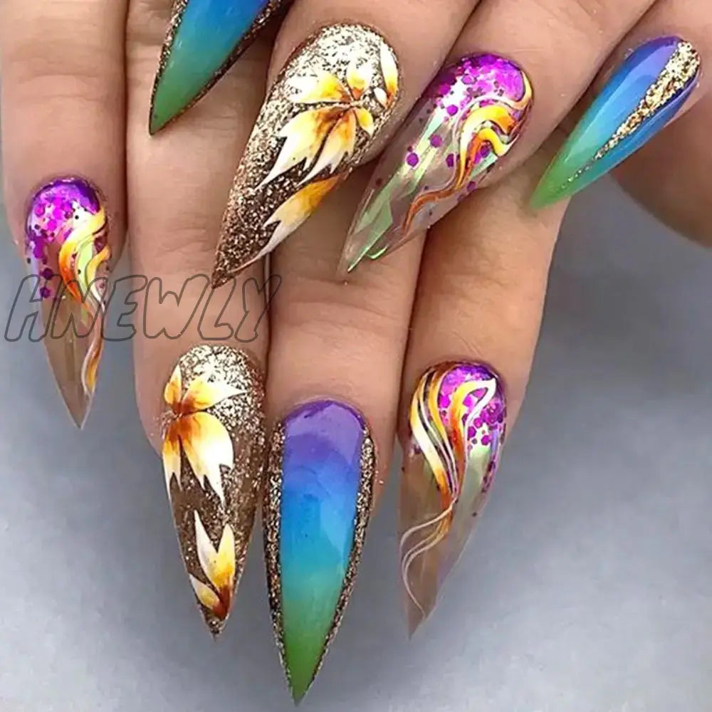 Hnewly 24Pcs Long Almond False Nails Blue French Leaf Gradient Fake Press On Diy Manicure