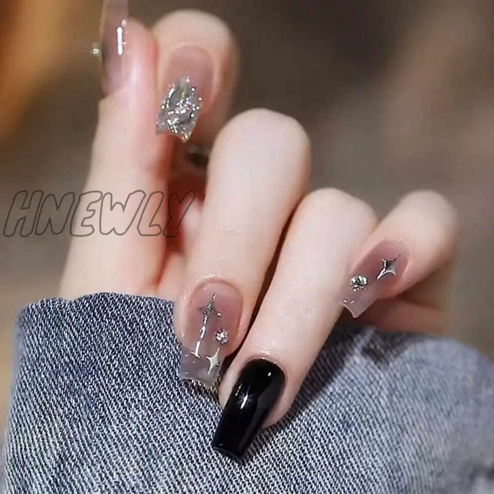 Hnewly 24Pcs Long Ballet Coffin Wearable Dark Black Star French False Nails Full Cover Rhinestones