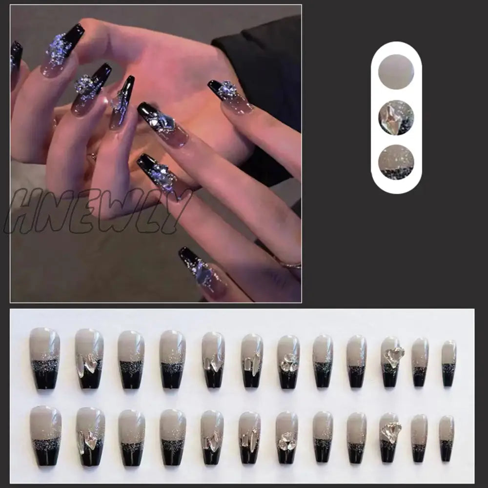 Hnewly 24Pcs Long Ballet Coffin Wearable Dark Black Star French False Nails Full Cover Rhinestones