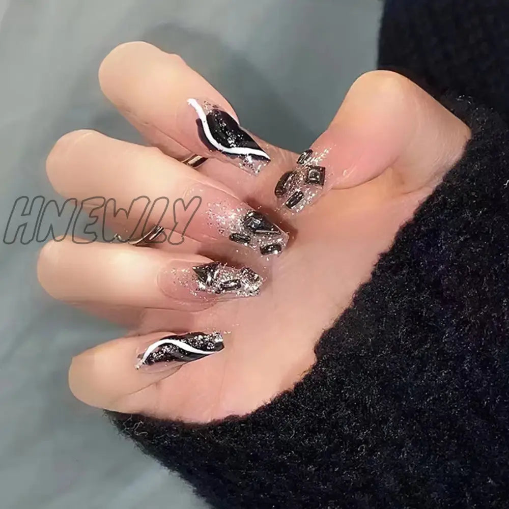 Hnewly 24Pcs Long Ballet Coffin Wearable Dark Black Star French False Nails Full Cover Rhinestones
