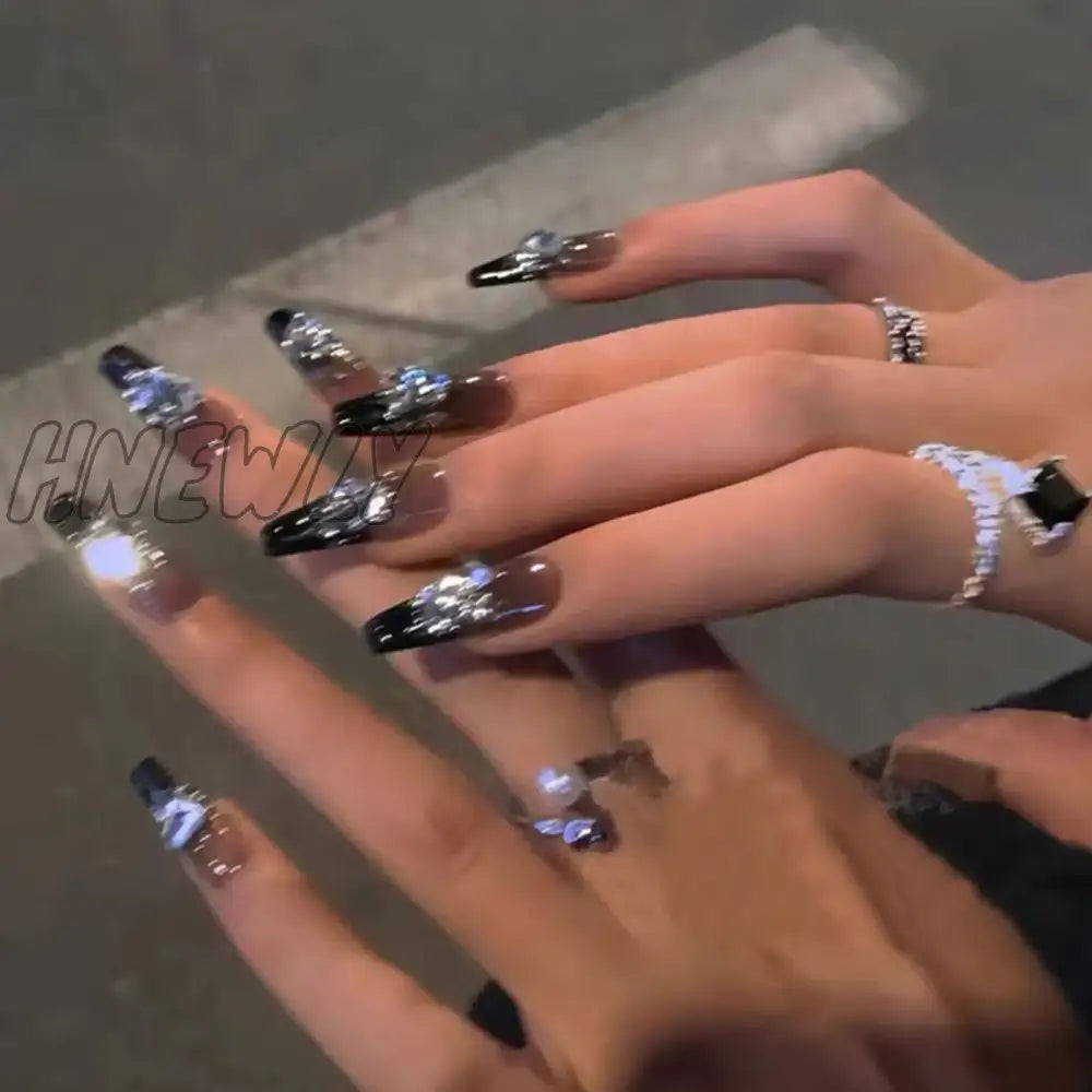 Hnewly 24Pcs Long Ballet Coffin Wearable Dark Black Star French False Nails Full Cover Rhinestones