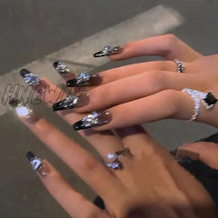 Hnewly 24Pcs Long Ballet Coffin Wearable Dark Black Star French False Nails Full Cover Rhinestones