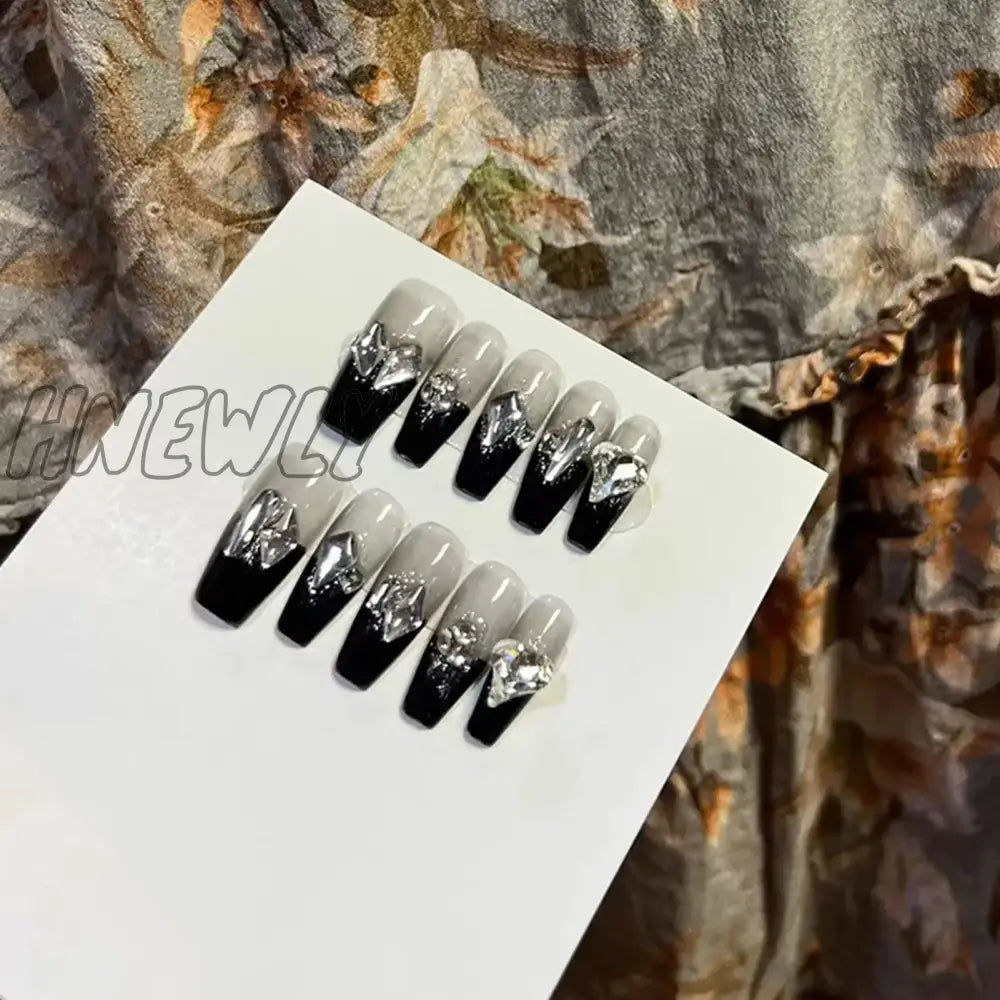 Hnewly 24Pcs Long Ballet Coffin Wearable Dark Black Star French False Nails Full Cover Rhinestones
