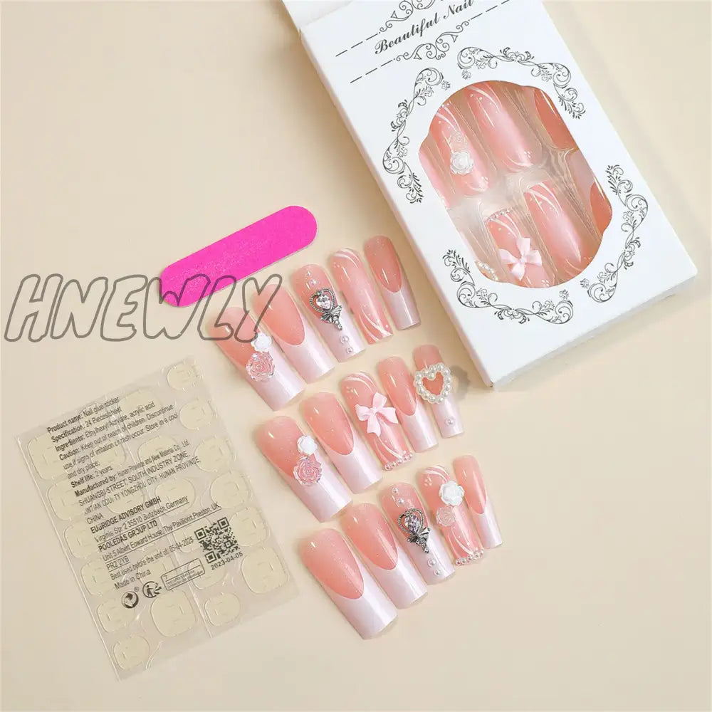 Hnewly 24Pcs Long Ballet False Nails French Bow Pearl Design Press On Wearable Detachable Ballerina