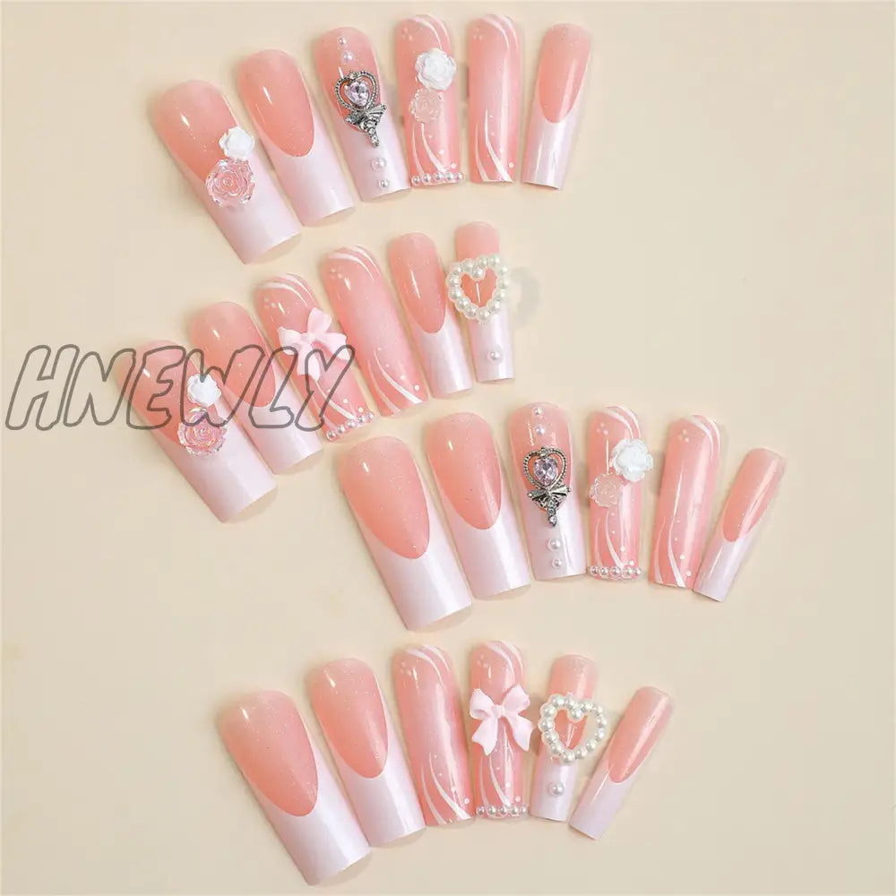 Hnewly 24Pcs Long Ballet False Nails French Bow Pearl Design Press On Wearable Detachable Ballerina