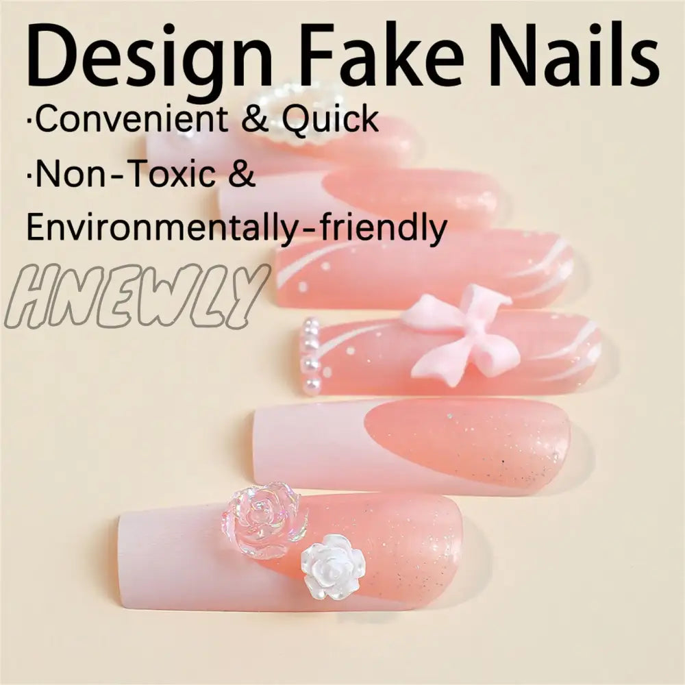 Hnewly 24Pcs Long Ballet False Nails French Bow Pearl Design Press On Wearable Detachable Ballerina