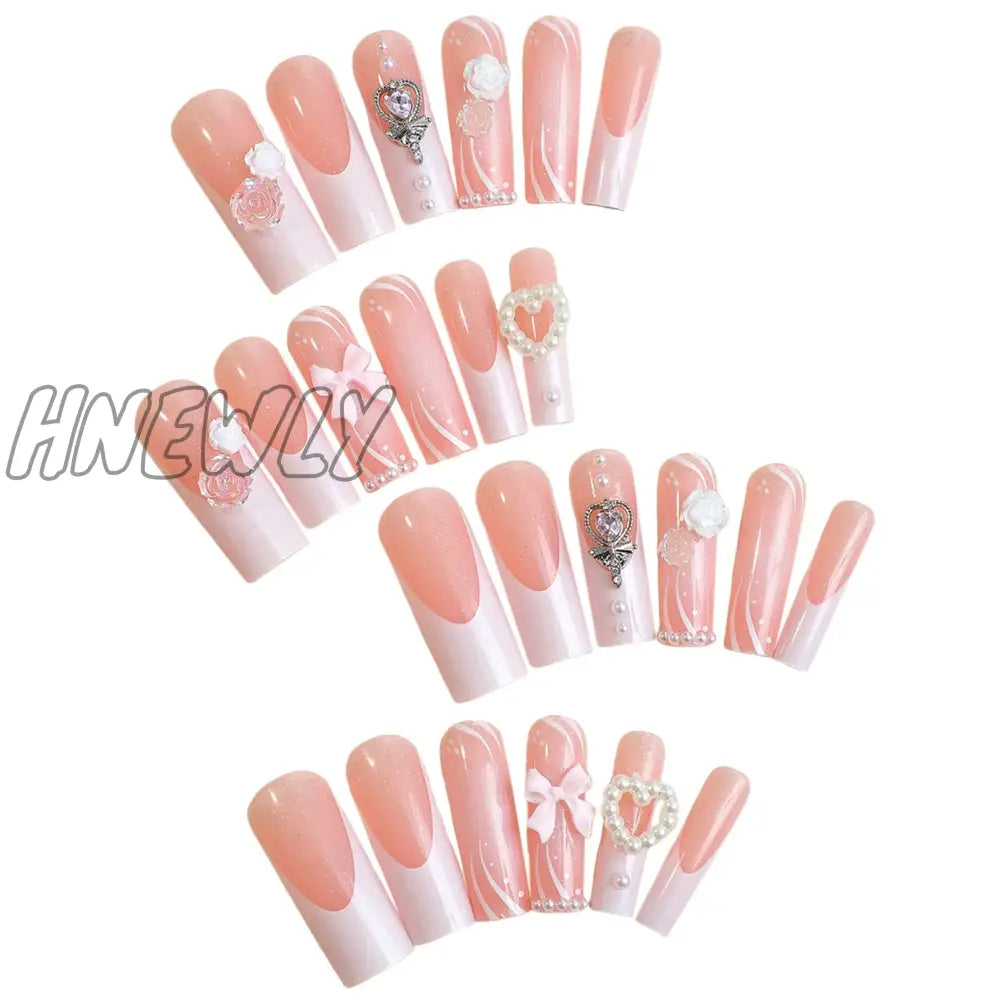 Hnewly 24Pcs Long Ballet False Nails French Bow Pearl Design Press On Wearable Detachable Ballerina