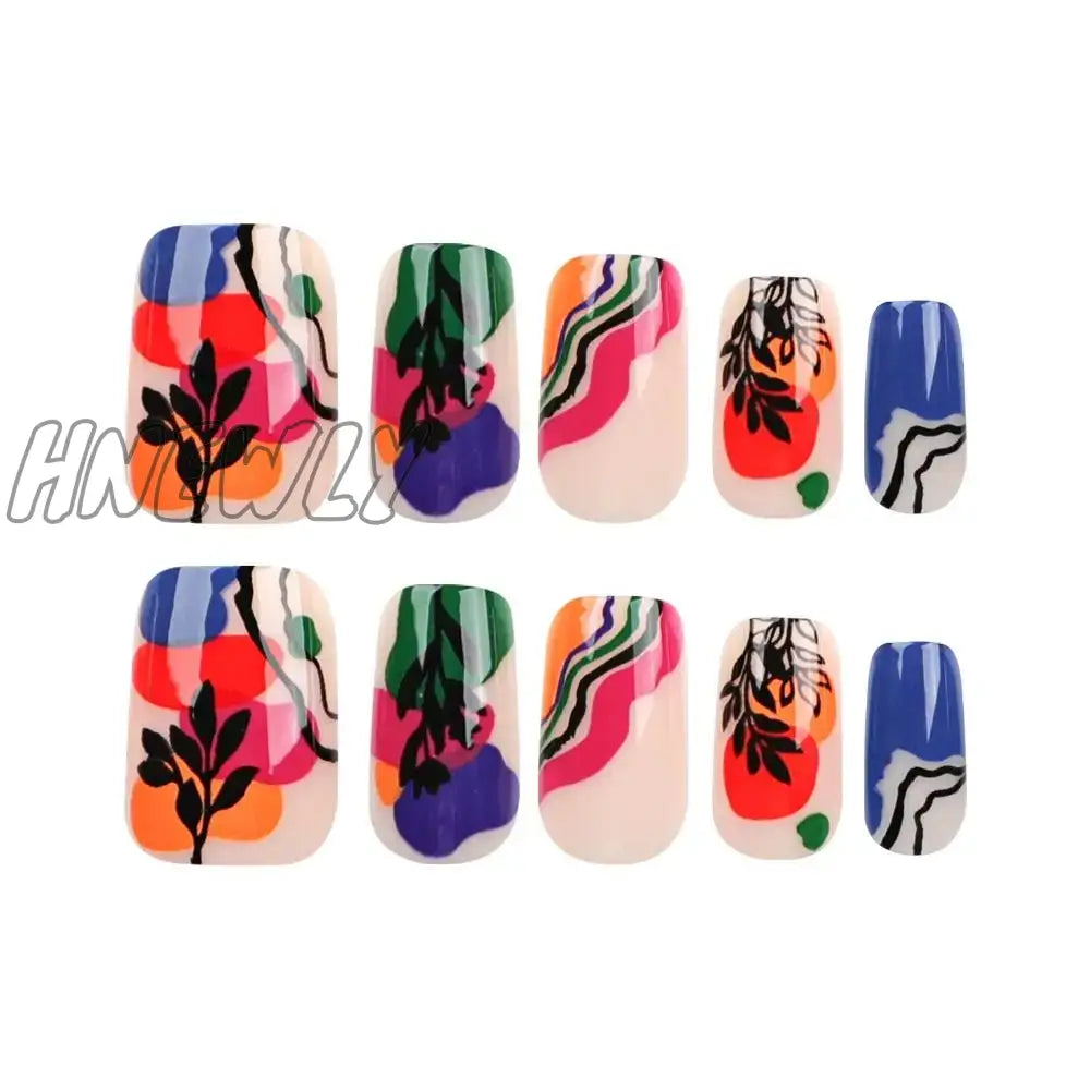 Hnewly 24Pcs Long Square False Nails French White Edge Glitter Gold Strips Green Leaf Fake Full