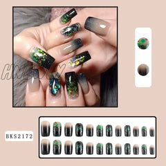 Hnewly 24Pcs Long Square False Nails French White Edge Glitter Gold Strips Green Leaf Fake Full