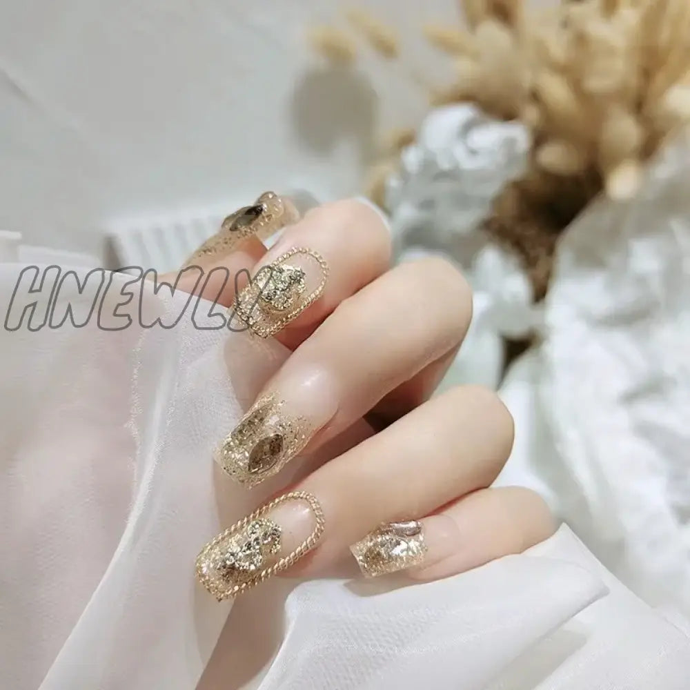 Hnewly 24Pcs Luxury Fake Nail Tips Women Wearable Press On Nails With Gold Glitter Diamond Full