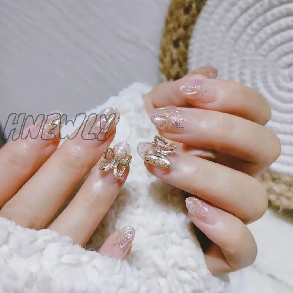 Hnewly 24Pcs Luxury Fake Nail Tips Women Wearable Press On Nails With Gold Glitter Diamond Full