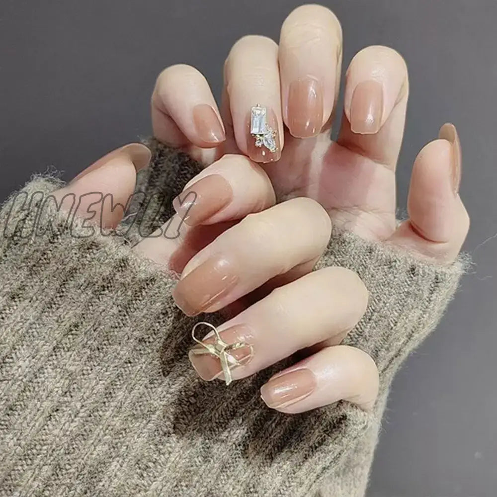 Hnewly 24Pcs Luxury Fake Nail Tips Women Wearable Press On Nails With Gold Glitter Diamond Full
