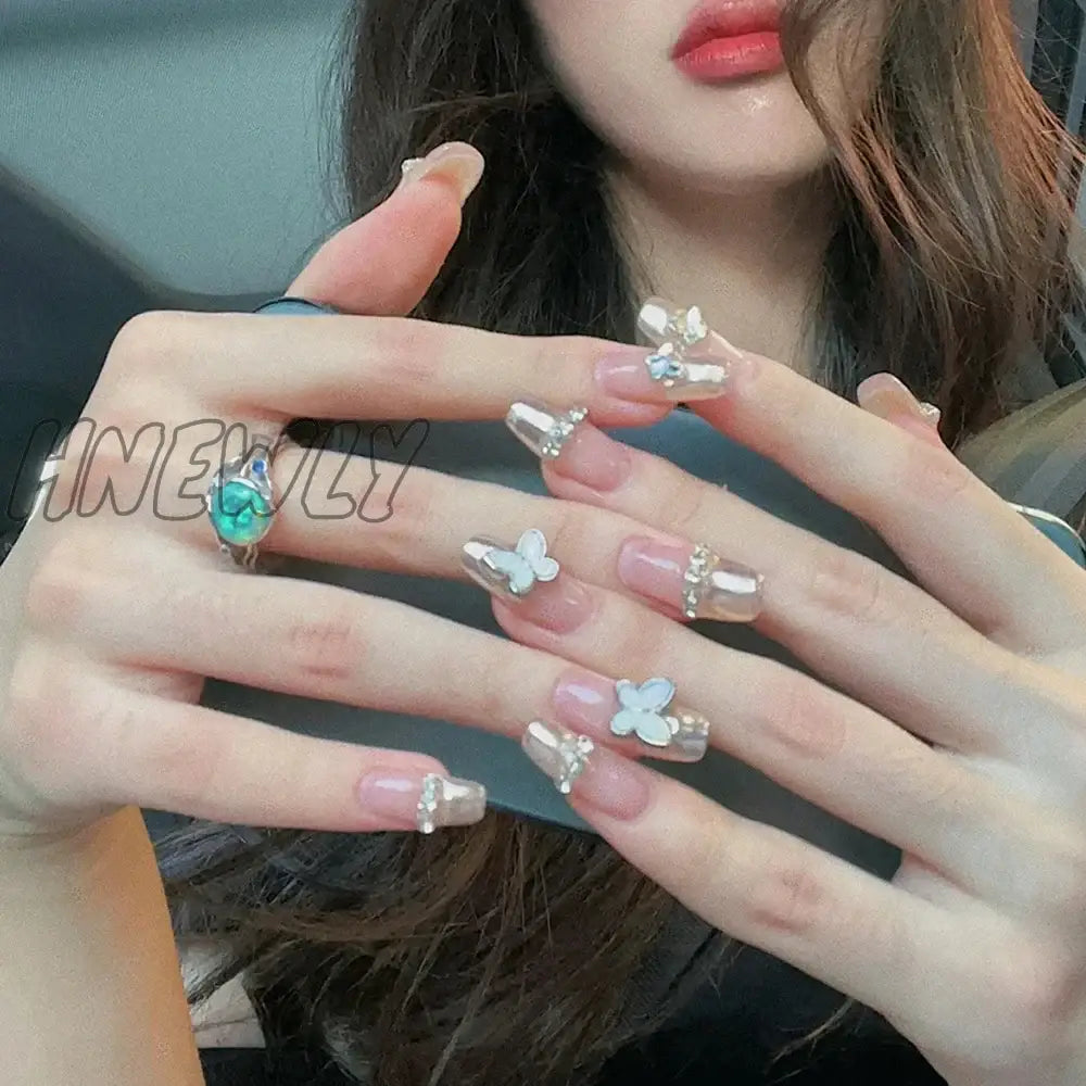 Hnewly 24Pcs Luxury Fake Nail Tips Women Wearable Press On Nails With Gold Glitter Diamond Full
