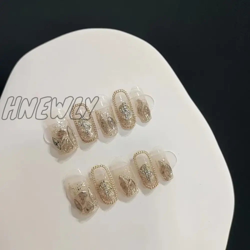 Hnewly 24Pcs Luxury Fake Nail Tips Women Wearable Press On Nails With Gold Glitter Diamond Full